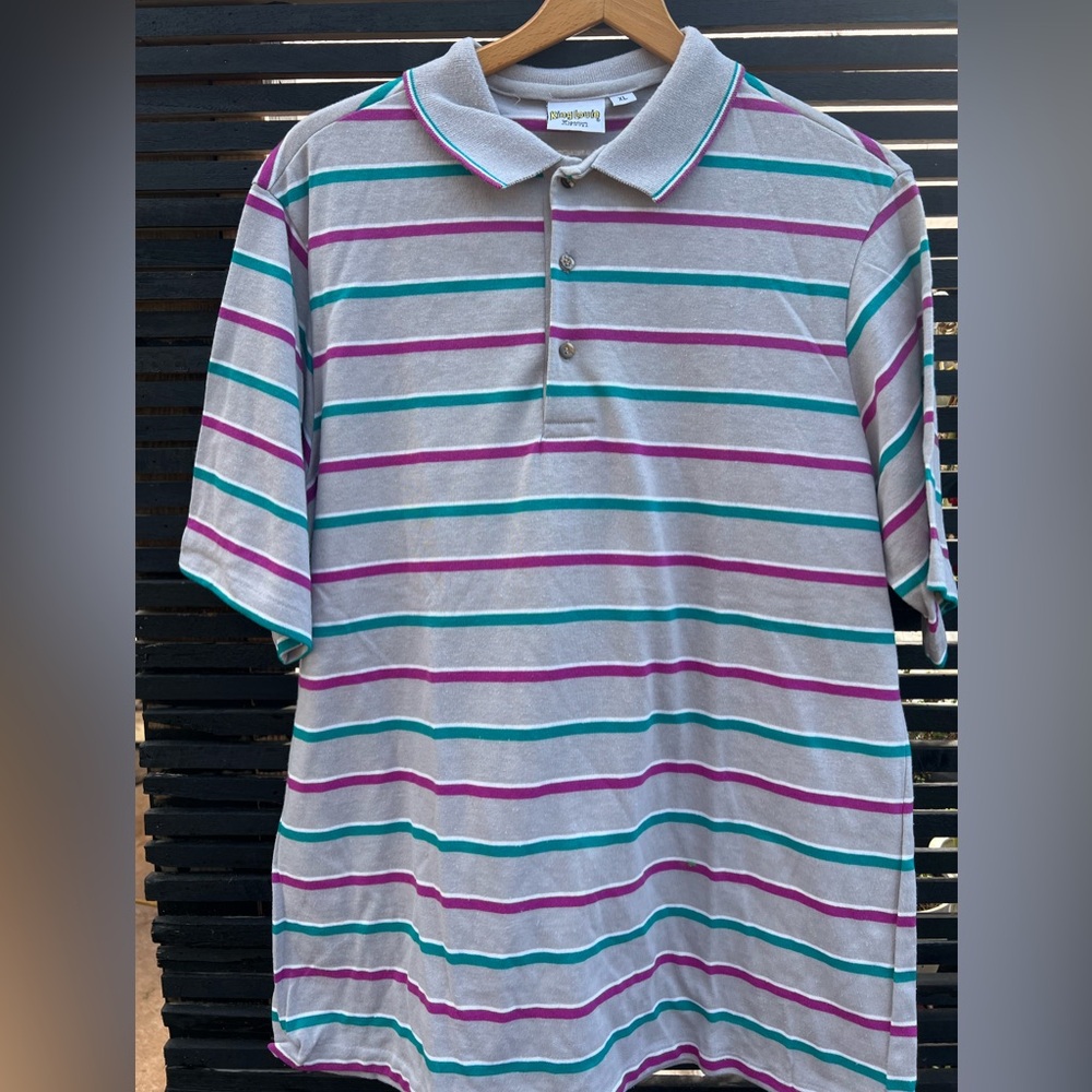 Vintage King Louie bowling shirt  Light Gray Polo with Teal and Purple Stripes